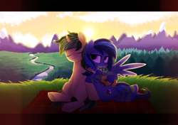 Size: 2300x1620 | Tagged: safe, artist:sonnatora, oc, oc only, pegasus, pony, unicorn, blanket, eyes closed, mountain, river, sunset, ukulele