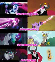 Size: 3840x4320 | Tagged: safe, derpibooru import, screencap, discord, grubber, lord tirek, storm king, tempest shadow, centaur, draconequus, my little pony: the movie, twilight's kingdom, betrayal, familiar, female, image macro, magic theft, mare, meme