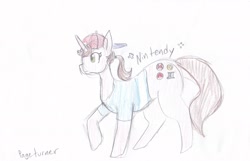 Size: 2544x1640 | Tagged: safe, artist:pageturner, derpibooru import, oc, oc only, oc:nintendy, cap, clothes, cute, hat, rule 63, shirt, sketch, solo