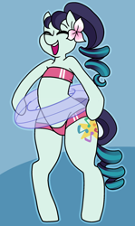 Size: 1280x2152 | Tagged: safe, artist:/d/non, derpibooru import, coloratura, semi-anthro, 30 minute art challenge, clothes, cutie mark, eyes closed, female, happy, pool toy, solo, standing, swimsuit, underwear