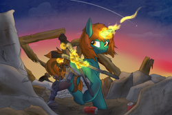 Size: 1500x1000 | Tagged: safe, artist:lux, derpibooru import, oc, oc only, oc:dust runner, cyborg, unicorn, fallout equestria, amputee, commission, female, glowing horn, gun, levitation, magic, mare, prosthetic limb, prosthetics, solo, telekinesis, wasteland, weapon