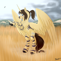 Size: 1280x1280 | Tagged: safe, artist:moonhoek, derpibooru import, oc, oc only, oc:eternal light, alicorn, zebra, africa, commission, digital art, full body, looking at you, male, paint, paintbrush, painting, rcf community, savanna, solo, spread wings, spreading, stallion, wings, ych example, ych result, your character here, zebra alicorn