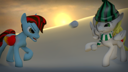 Size: 3840x2160 | Tagged: safe, artist:fiopon, derpibooru import, edit, oc, oc only, oc:angel rose, oc:fiopon, pony, 3d, clothes, cute, high res, hill, open mouth, scarf, snow, snowball, snowball fight, source filmmaker, toque