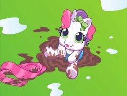 Size: 640x480 | Tagged: safe, screencap, sweetie belle, pony, g3.5, newborn cuties, once upon a my little pony time, over two rainbows, :3, clothes, cute, looking up, mud, muddy, out of context, scarf, smiling, solo