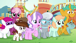 Size: 1920x1080 | Tagged: safe, derpibooru import, screencap, cheerilee, diamond tiara, little red, peach fuzz, pipsqueak, silver spoon, snails, snips, pony, crusaders of the lost mark, amazed, colt, female, filly, glasses, grass, happy, male, playground, smiling