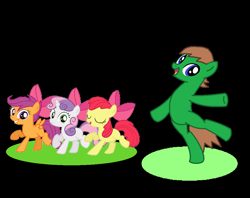 Size: 1040x824 | Tagged: safe, apple bloom, scootaloo, sweetie belle, oc, oc:ian, earth pony, pegasus, pony, unicorn, cutie mark crusaders, song, song reference, veggietales