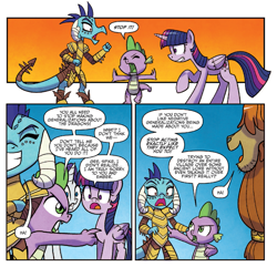 Size: 1371x1321 | Tagged: safe, derpibooru import, idw, princess ember, rarity, spike, twilight sparkle, twilight sparkle (alicorn), alicorn, dragon, pony, unicorn, yak, wings over yakyakistan, spoiler:comic, spoiler:comic56, dragon armor, pointing, wingless