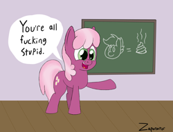 Size: 2975x2280 | Tagged: safe, artist:zaponator, derpibooru import, cheerilee, scootaloo, earth pony, pony, biased, chalkboard, poop, school, solo, vulgar