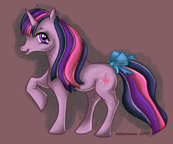 Size: 500x416 | Tagged: safe, artist:babyananas, twilight sparkle, g1, bow, g4 to g1, generation leap, raised hoof, solo, tail bow