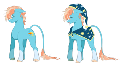 Size: 1812x978 | Tagged: safe, artist:pikokko, oc, oc only, oc:sleepwalker, classical unicorn, cape, clothes, cloven hooves, drool, hat, leonine tail, messy mane, nightcap, offspring, parent:sunburst, parent:trixie, parents:trixburst, socks (coat marking), solo