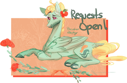 Size: 1000x656 | Tagged: safe, artist:eqq_scremble, derpibooru exclusive, derpibooru import, zephyr breeze, abstract background, flower, lying, male, open invitation, pincushionzephyr, requests open, solo, stallion