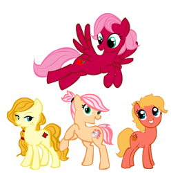 Size: 3300x3330 | Tagged: safe, artist:sweetchiomlp, derpibooru import, oc, oc only, oc:apple blossom, oc:petunia, oc:posy, oc:primrose, earth pony, pegasus, pony, female, freckles, mare, offspring, parent:big macintosh, parent:fluttershy, parents:fluttermac, ponytail, simple background, sisters, transparent background