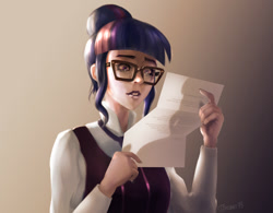 Size: 1200x935 | Tagged: safe, artist:timsart79, sci-twi, twilight sparkle, equestria girls, clothes, crystal prep academy uniform, human coloration, paper, reading, realistic, school uniform, solo