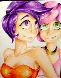 Size: 2310x2937 | Tagged: safe, artist:nolyanimeid, derpibooru import, scootaloo, sweetie belle, human, clothes, humanized, traditional art