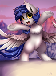 Size: 2550x3509 | Tagged: safe, artist:pridark, derpibooru import, oc, oc only, oc:gabriel, bat pony, pony, bat pony oc, bipedal, chest fluff, commission, cute, cute little fangs, digital art, fangs, happy, open mouth, signature, snow, solo, spread wings, underhoof, wings