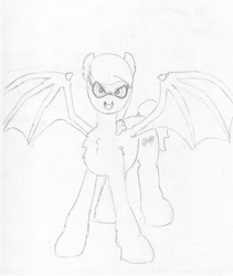 Size: 3110x3692 | Tagged: safe, artist:andandampersand, oc, oc only, oc:lillian, bat pony, pony, art trade, lineart, monochrome, simple background, solo, spread wings, traditional art, wings, wip