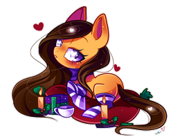 Size: 1000x803 | Tagged: safe, artist:ipun, oc, oc only, earth pony, pony, candle, clothes, cup, female, heart eyes, holly, mare, present, prone, simple background, socks, solo, striped socks, transparent background, wingding eyes