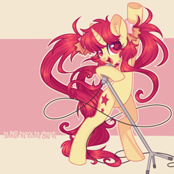 Size: 3300x3300 | Tagged: safe, artist:hawthornss, oc, oc only, oc:seren song, pony, unicorn, bow, cute, freckles, hair bow, hair ribbon, looking at you, microphone, open mouth, simple background, singing, smiling