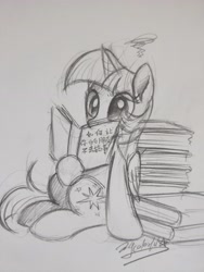 Size: 3456x4608 | Tagged: safe, artist:colorfulcolor233, derpibooru import, twilight sparkle, twilight sparkle (alicorn), alicorn, pony, book, chinese, female, mare, monochrome, reading, simple background, sketch, solo, that pony sure does love books, traditional art