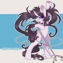 Size: 3300x3300 | Tagged: safe, artist:hawthornss, oc, oc only, oc:alice (moonsugar), oc:seren song, pony, unicorn, ear fluff, eyepatch, eyeshadow, looking at you, makeup, microphone, open mouth, singing
