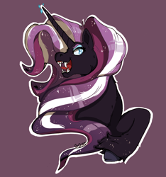 Size: 800x856 | Tagged: safe, artist:kittycoot, derpibooru import, nightmare rarity, pony, unicorn, cloven hooves, ethereal mane, eyeshadow, fangs, female, looking at you, makeup, mare, open mouth, purple background, simple background, solo, starry mane, tongue out, unshorn fetlocks, wingding eyes