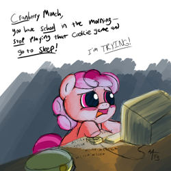 Size: 800x800 | Tagged: safe, artist:aa, derpibooru import, oc, oc only, oc:berry munch, earth pony, pony, computer, computer mouse, cookie clicker, female, filly, filly guides, filly scouts, solo, speech, text