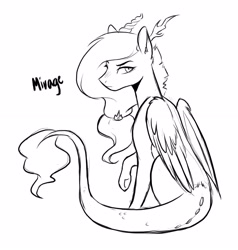 Size: 2660x2799 | Tagged: safe, artist:kianamai, oc, oc only, oc:mirage, hybrid, interspecies offspring, monochrome, next generation, offspring, parent:discord, parent:princess celestia, parents:dislestia, solo