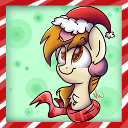 Size: 1000x1000 | Tagged: safe, artist:vanillashineart, oc, oc only, oc:vanilla shine, pony, bust, clothes, female, hat, mare, portrait, santa hat, scarf, solo