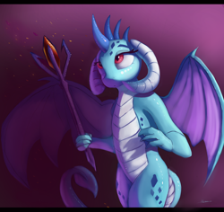 Size: 4968x4680 | Tagged: safe, artist:auroriia, derpibooru import, dragon lord ember, princess ember, dragon, absurd resolution, bloodstone scepter, curved horn, dragoness, eyelashes, female, looking up, purple background, signature, simple background, solo, spread wings, staff, wings