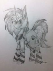 Size: 384x512 | Tagged: safe, artist:emmas ocs, oc, oc only, oc:frenzy nuke, pony, clothes, collar, monochrome, socks, striped socks, traditional art