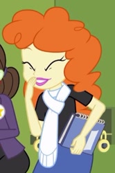 Size: 273x411 | Tagged: safe, screencap, golden hazel, sophisticata, equestria girls, equestria girls (movie), cropped, lockers, notebook, solo