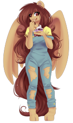 Size: 1024x1729 | Tagged: safe, artist:alexa1alexa, derpibooru import, oc, oc only, anthro, pegasus, unguligrade anthro, anthro oc, cake, cloven hooves, female, food, mare, overalls, ripped pants, simple background, smiling, solo, transparent background