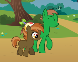 Size: 452x360 | Tagged: safe, button mash, oc, oc:ian, earth pony, pony, colt, duo, flower, frown, gay purr-ee, happy, hat, male, propeller hat, raised hoof, self insert, smiling, stallion, tree, walking