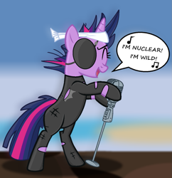 Size: 1161x1197 | Tagged: safe, artist:chanour-bases, artist:grapefruitface1, derpibooru import, twilight sparkle, it's about time, base used, bipedal, eyepatch, future twilight, metal gear solid 5, microphone, mike oldfield, music notes, nuclear, seaside, shading, singing, sky, solo, song reference, speech bubble