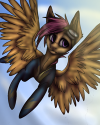 Size: 720x900 | Tagged: safe, artist:0bloodyscene, derpibooru import, scootaloo, pegasus, pony, clothes, ear fluff, female, flying, goggles, mare, older, raised eyebrow, scootaloo can fly, solo, spread wings, uniform, wings, wonderbolts uniform