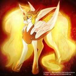 Size: 768x768 | Tagged: safe, artist:0bloodyscene, artist:zidanemina, derpibooru import, daybreaker, alicorn, pony, collaboration, abstract background, armor, female, lidded eyes, looking at you, mare, solo