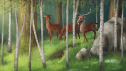 Size: 3840x2160 | Tagged: safe, artist:starblaze25, discord, deer, 4k, deerified, detailed, eating, facial hair, featured on derpibooru, forest, frown, glare, goatee, grass, lidded eyes, looking at you, majestic as fuck, male, one of these things is not like the others, puffy cheeks, rock, scenery, species swap, tree, trio