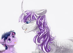 Size: 1024x741 | Tagged: safe, artist:castaspellliana, derpibooru import, twilight sparkle, twilight velvet, alternate design, chest fluff, coat markings, curved horn, eye markings, female, filly, filly twilight sparkle, messy mane, mother and child, mother and daughter, parent and child, signature, younger