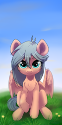 Size: 2561x5121 | Tagged: safe, artist:taneysha, derpibooru import, oc, oc only, oc:gearsy septima, pegasus, pony, chest fluff, cute, female, looking at you, mare, raised hoof, simple background, smiling, solo, spread wings, wings