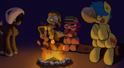 Size: 4320x2393 | Tagged: safe, artist:full stop, derpibooru import, oc, oc only, oc:berry munch, oc:dulce deleche, oc:lemonpuffs, oc:mallowmelt, absurd resolution, blank flank, campfire, camping, colt, female, filly, filly guides, filly scouts, food, male, night