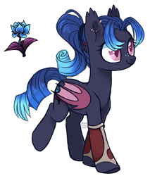 Size: 2332x2736 | Tagged: safe, artist:hawthornss, oc, oc only, oc:starlight rose, bat pony, pony, clothes, cute, cute little fangs, cutie mark, ear piercing, earring, fangs, flower, freckles, jewelry, piercing, ponified, ponytail, raised leg, simple background, smiling, solo, transparent background, underhoof, warcraft, world of warcraft