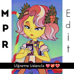 Size: 1385x1385 | Tagged: safe, derpibooru import, edit, edited edit, edited screencap, editor:alelovescool, screencap, vignette valencia, better together, equestria girls, rollercoaster of friendship, cellphone, cropped, heart, holly, phone, smartphone, snapchat