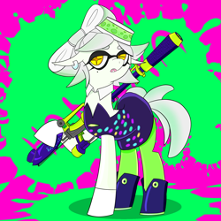 Size: 1700x1700 | Tagged: safe, artist:rdash2116108, derpibooru import, pony, abstract background, collar, crossover, gun, marie (splatoon), ponified, solo, splatoon, weapon