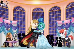 Size: 3007x2009 | Tagged: safe, artist:allocen, oc, oc only, oc:clear diamond, oc:fluffy pillow, oc:regal inkwell, oc:sunny smiles, oc:tacita, pony, ballroom dancing, butler, clothes, dancing, dress, suit, tuxedo