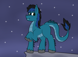 Size: 2000x1455 | Tagged: safe, artist:koonzypony, oc, oc only, oc:aeternalis fuel, dracony, hybrid, longma, majestic, raised hoof, simple background, solo, unshorn fetlocks