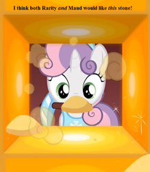 Size: 567x648 | Tagged: safe, artist:jan, derpibooru import, edit, sweetie belle, pony, cropped, diamond pickaxe, don't mine at night, glowstone, implied maud pie, implied rarity, minecraft, nether (minecraft), solo