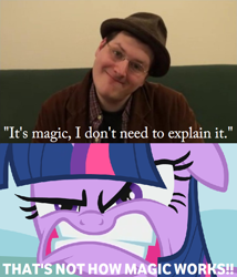 Size: 600x700 | Tagged: safe, artist:ultrathehedgetoaster, derpibooru import, edit, edited screencap, screencap, twilight sparkle, atop the fourth wall, captioned, i don't need to explain it, it's magic, linkara