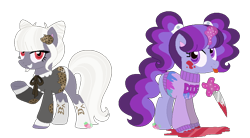 Size: 834x462 | Tagged: safe, artist:strawberry-spritz, earth pony, pony, unicorn, base used, blood, clothes, glowing horn, knife, magic, pastel goth, simple background, tongue out, transparent background, yandere
