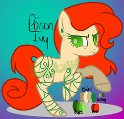 Size: 653x625 | Tagged: safe, artist:knightowlgurl, artist:monsterbunnies, derpibooru import, oc, oc only, oc:poison ivy (ice1517), earth pony, pony, base used, batman, dc comics, ear piercing, earring, female, gradient background, jewelry, mare, piercing, poison ivy, solo, tattoo, unamused, vine