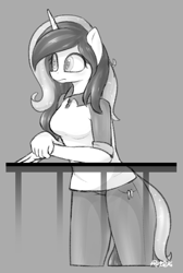 Size: 463x688 | Tagged: safe, artist:puetsua, derpibooru import, oc, oc only, anthro, unicorn, anthro oc, clothes, female, gray background, mare, monochrome, pants, shirt, simple background, sketch